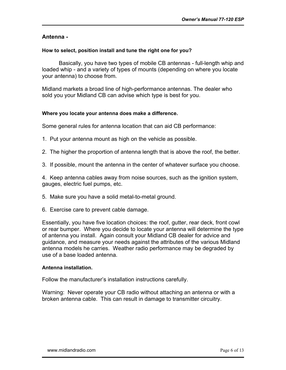 Antenna, How to select, postion, install, Where you locate your antenna makes a difference | Midland Radio 77-120ESP User Manual | Page 6 / 13