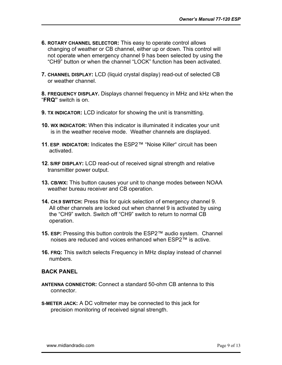 Squelch control, Rf gain control, Rotatry channel selector | Channel display, Frequency display, Tx indicator, Wx indicator, Esp indicator, S/rf display, Cb/wx | Midland Radio 77-120ESP User Manual | Page 9 / 13