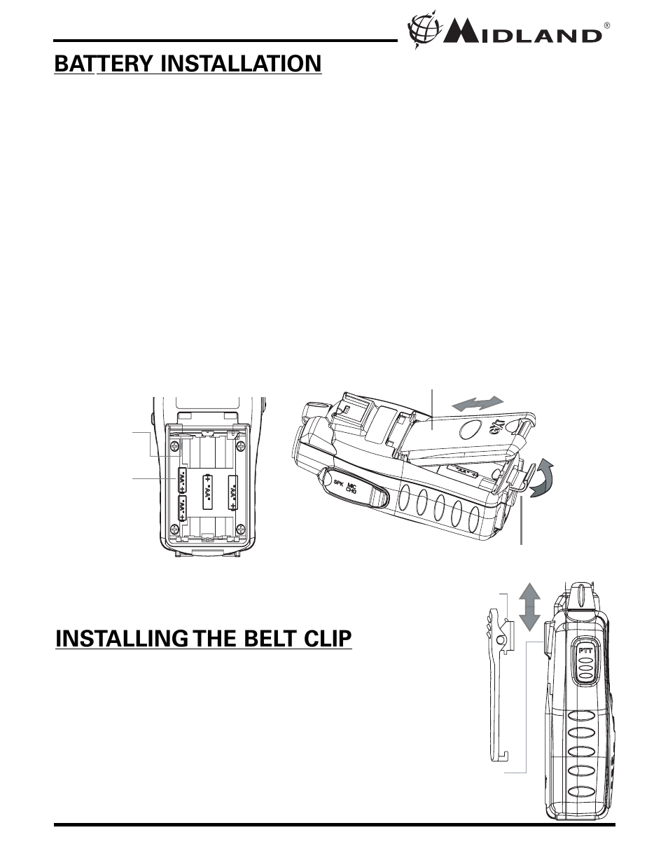 Battery installation, Installing the belt clip | MIDLAND GXT900 User Manual | Page 7 / 28