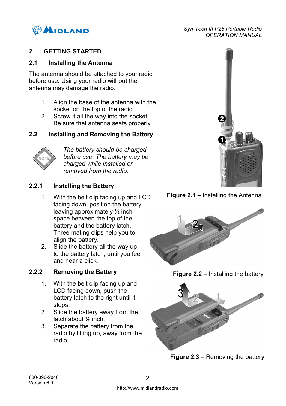 Getting started, Installing the antenna, Installing and removing the battery | Installing the battery, Removing the battery | Midland Radio SYN-TECH III P25 User Manual | Page 10 / 76