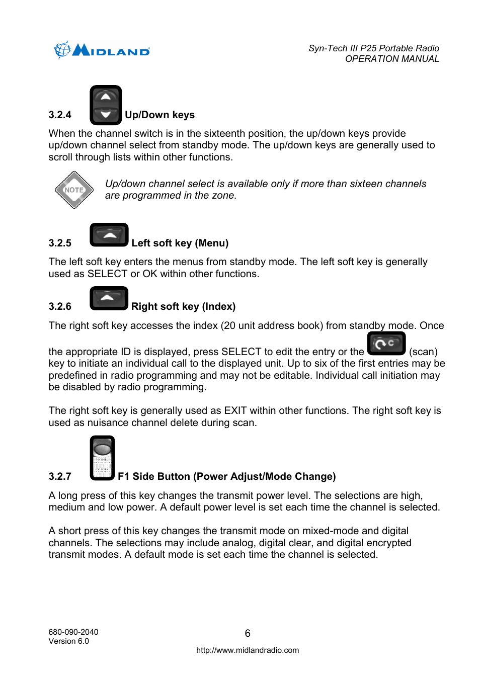 Up/down keys, Left soft key (menu), Right soft key (index) | F1 side button (power adjust/mode change), Operation manual, Ble of contents | Midland Radio SYN-TECH III P25 User Manual | Page 14 / 76