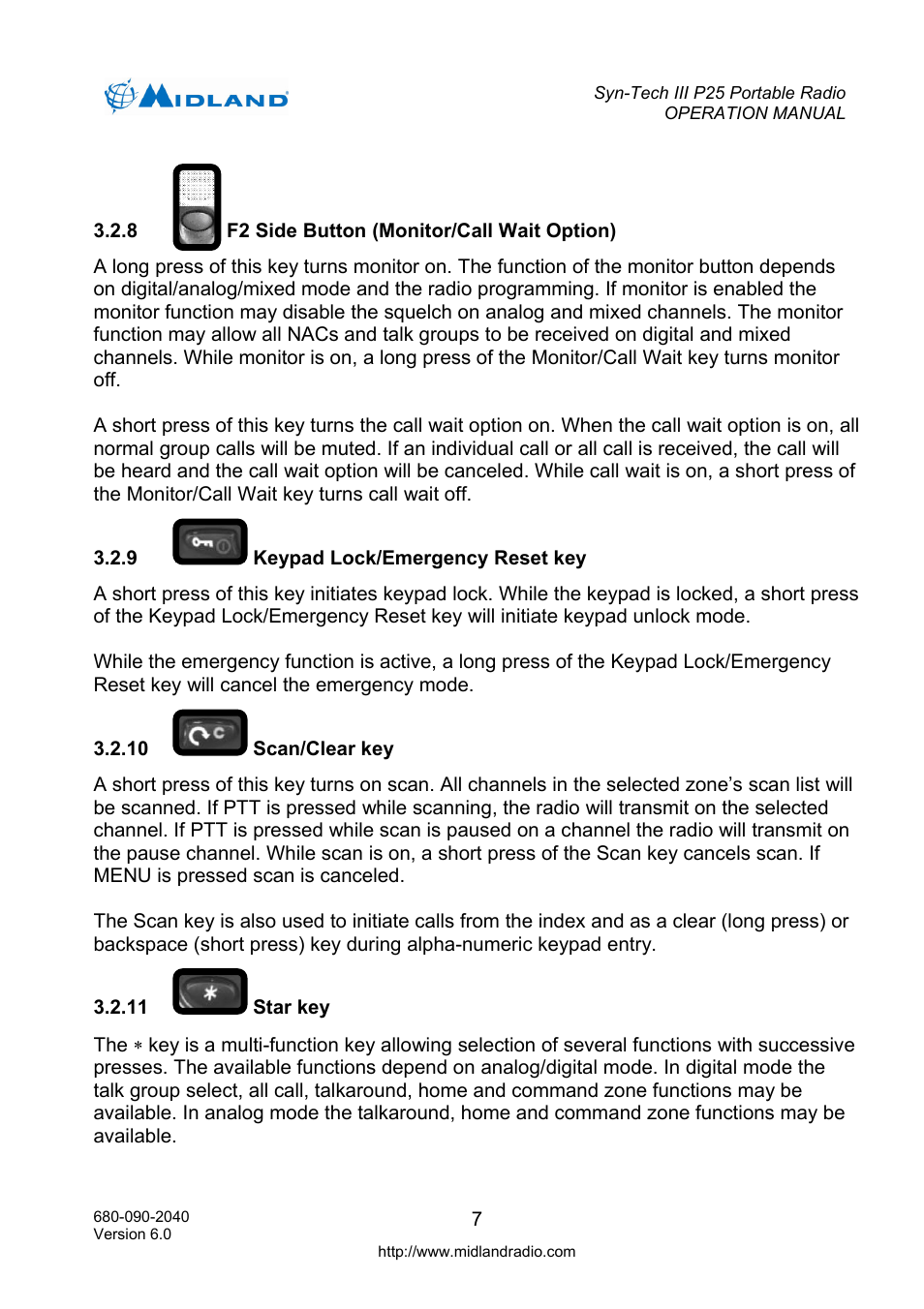 F2 side button (monitor/call wait option), Keypad lock/emergency reset key, Scan/clear key | Star key | Midland Radio SYN-TECH III P25 User Manual | Page 15 / 76