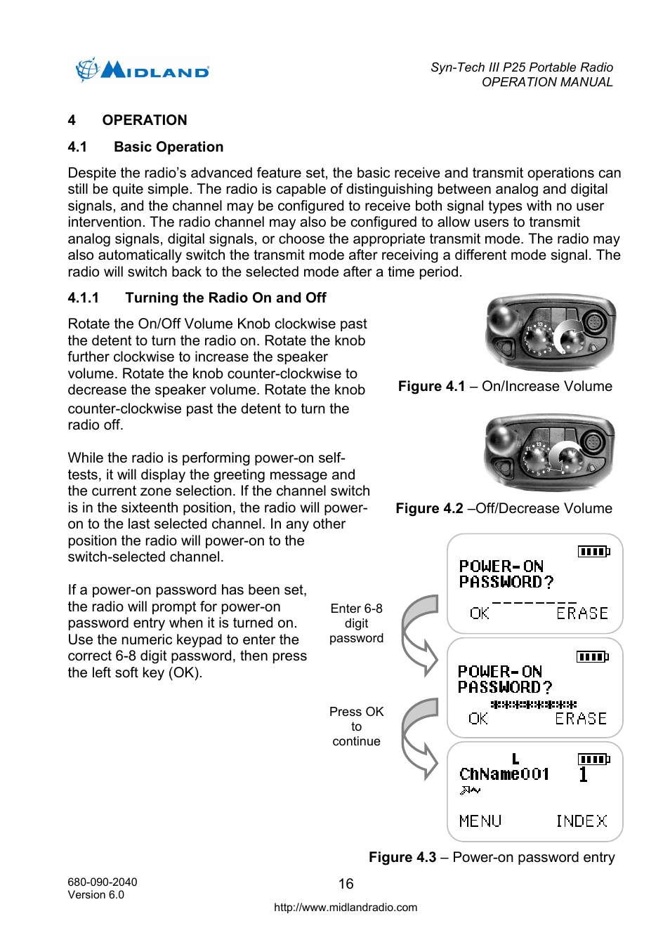 Operation, Basic operation, Turning the radio on and off | He battery, Nd indicators | Midland Radio SYN-TECH III P25 User Manual | Page 24 / 76