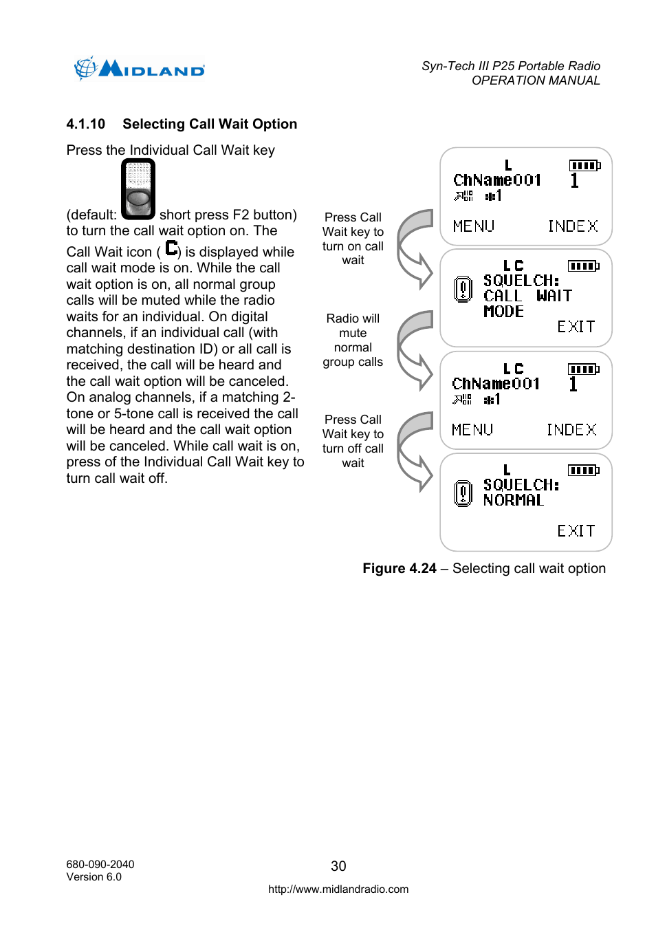 Selecting call wait option, Er adjust/mode change) | Midland Radio SYN-TECH III P25 User Manual | Page 38 / 76