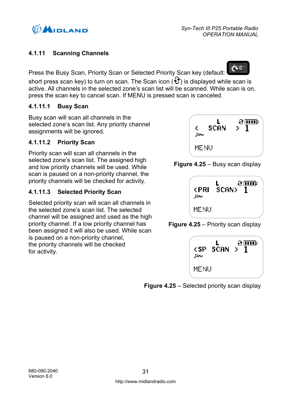 Scanning channels, Busy scan, Priority scan | Selected priority scan, F2 side button (monitor/call wait option) | Midland Radio SYN-TECH III P25 User Manual | Page 39 / 76