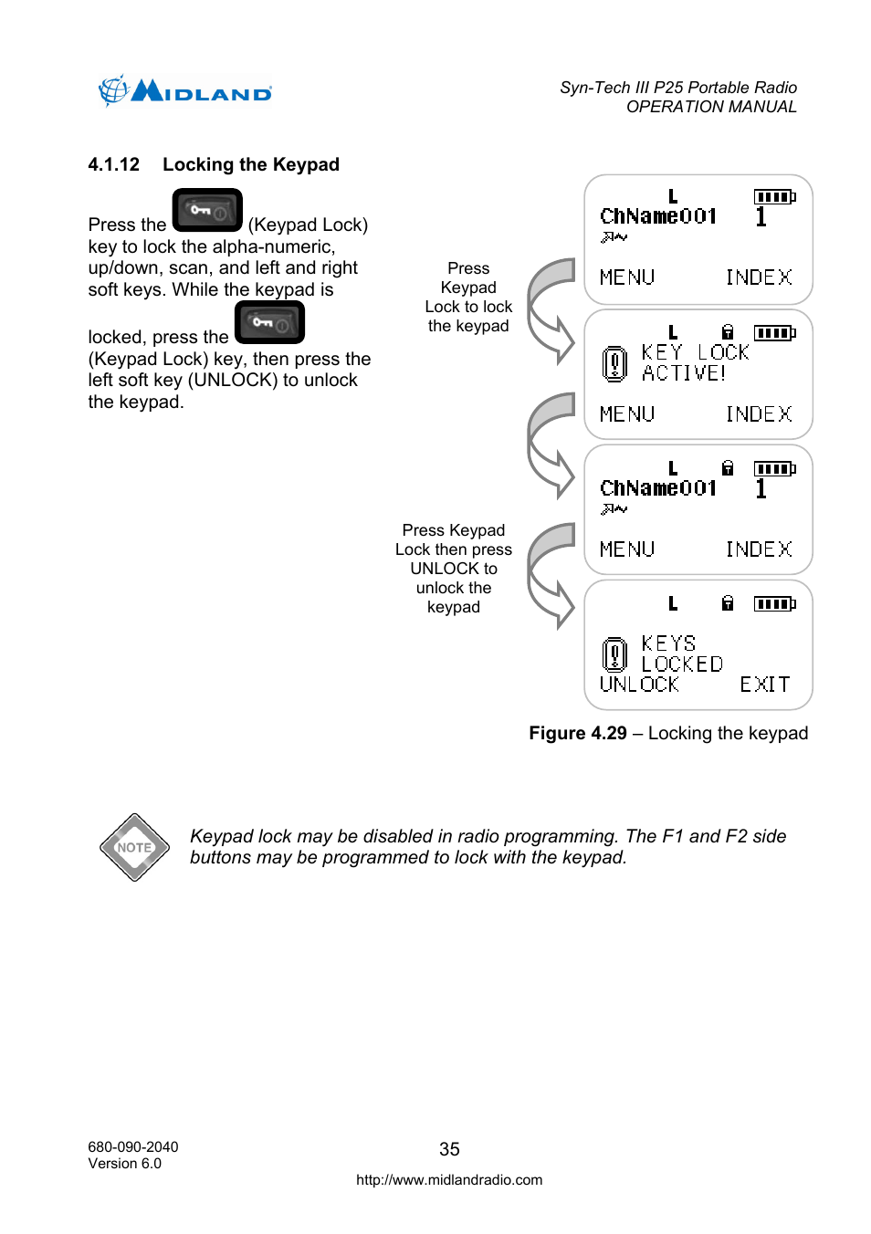 Locking the keypad, Ad lock/emergency reset key | Midland Radio SYN-TECH III P25 User Manual | Page 43 / 76