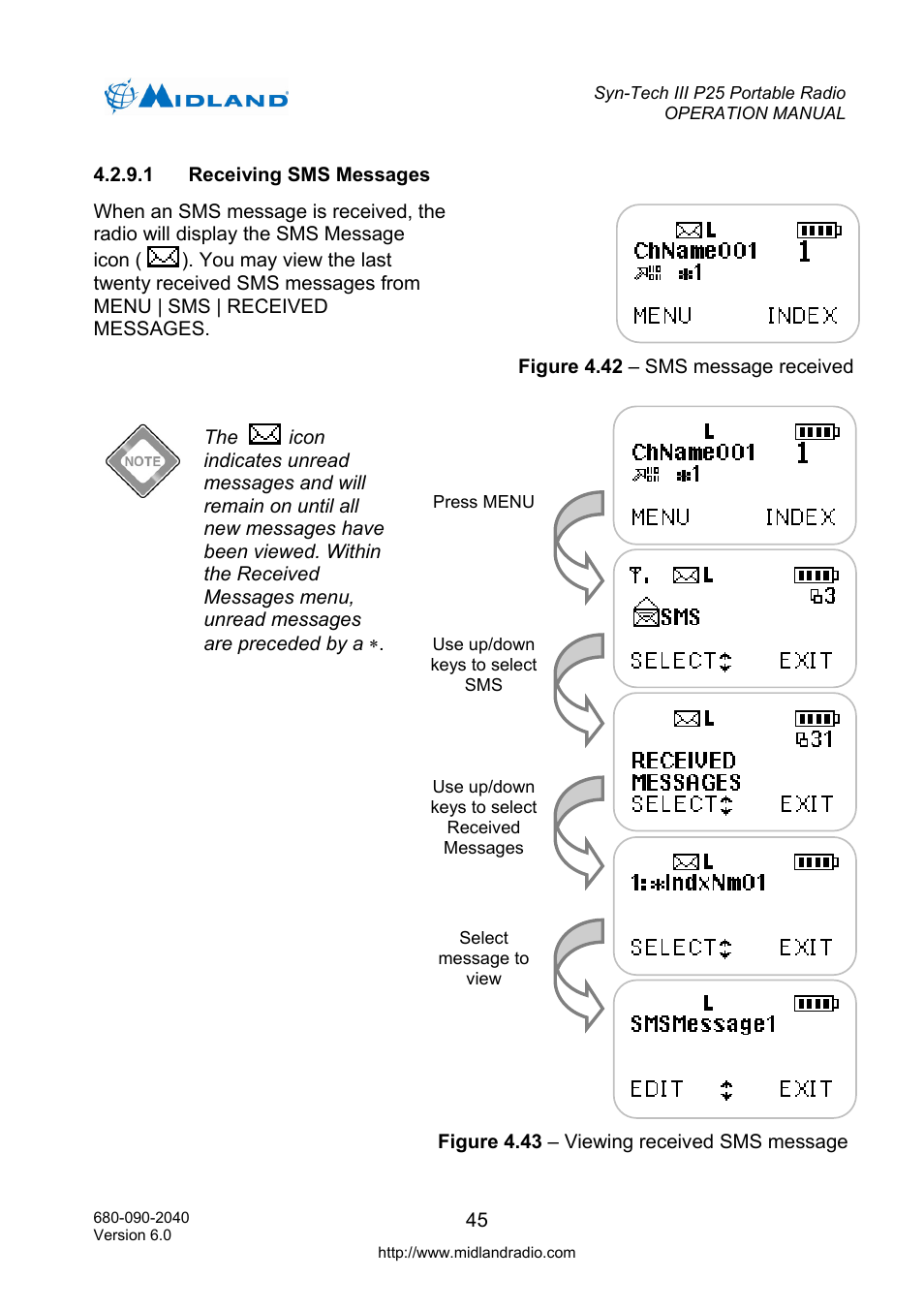 Receiving sms messages | Midland Radio SYN-TECH III P25 User Manual | Page 53 / 76
