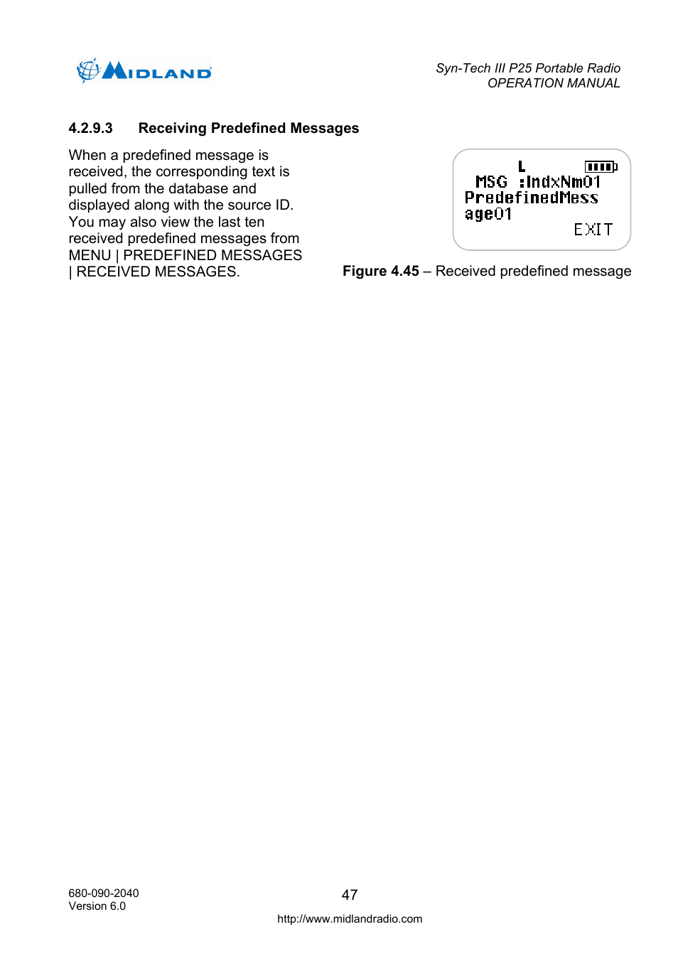 Receiving predefined messages | Midland Radio SYN-TECH III P25 User Manual | Page 55 / 76