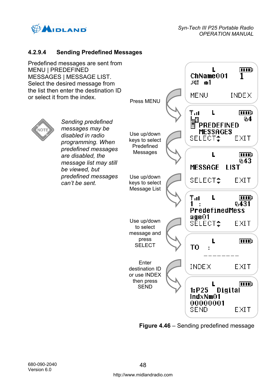 Sending predefined messages | Midland Radio SYN-TECH III P25 User Manual | Page 56 / 76