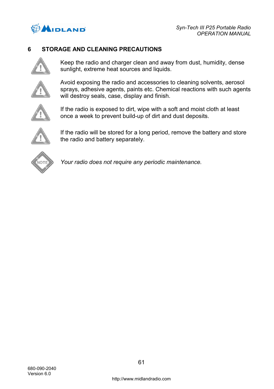 Storage and cleaning precautions | Midland Radio SYN-TECH III P25 User Manual | Page 69 / 76