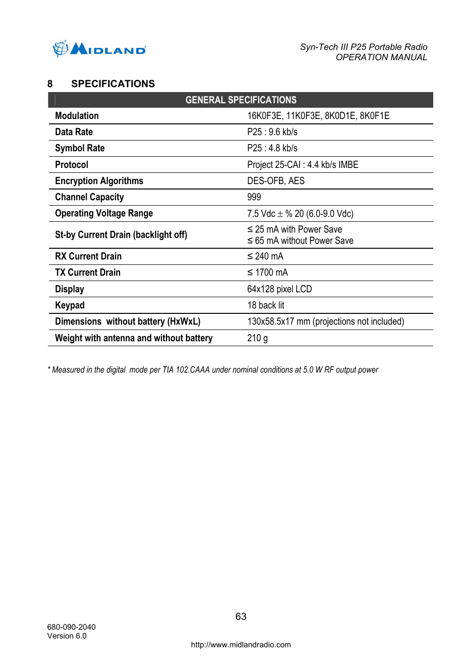 Specifications, Ing emergency calls | Midland Radio SYN-TECH III P25 User Manual | Page 71 / 76