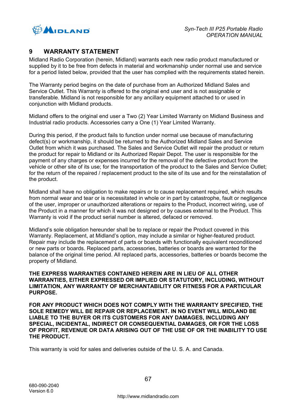 Warranty statement, Ansmitting digital individual calls | Midland Radio SYN-TECH III P25 User Manual | Page 75 / 76