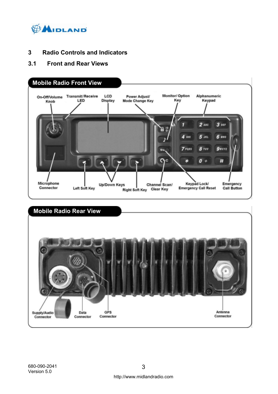 Radio controls and indicators, Front and rear views | Midland Radio P25 User Manual | Page 12 / 72