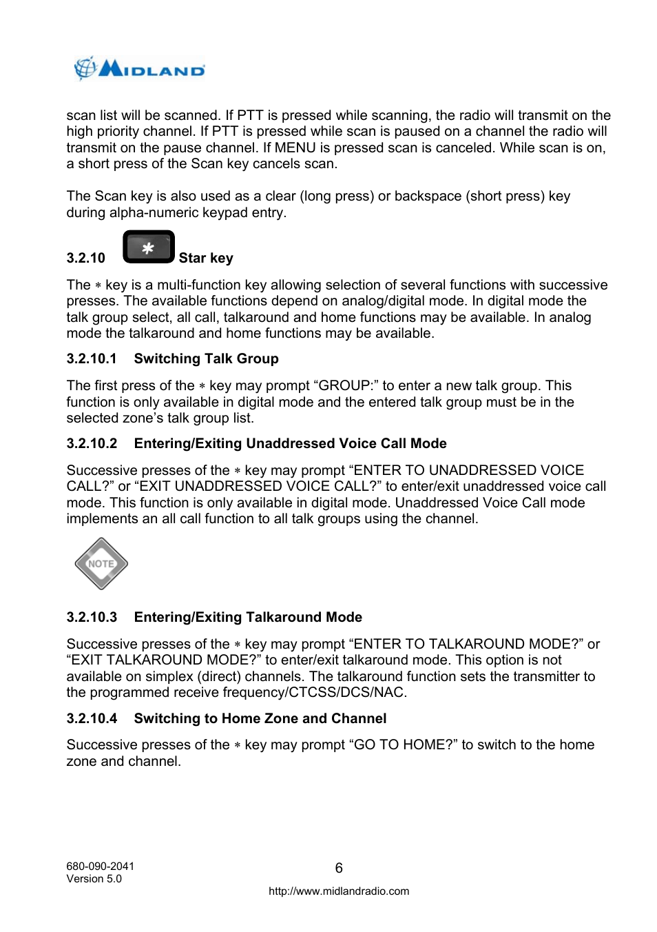 Star key, Switching talk group, Entering/exiting unaddressed voice call mode | Entering/exiting talkaround mode, Switching to home zone and channel, Syn-tech iii p25 mobile radio | Midland Radio P25 User Manual | Page 15 / 72