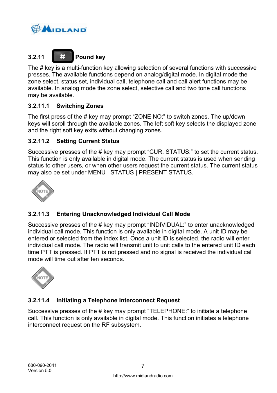 Pound key, Switching zones, Setting current status | Entering unacknowledged individual call mode, Initiating a telephone interconnect request, Operation manual | Midland Radio P25 User Manual | Page 16 / 72