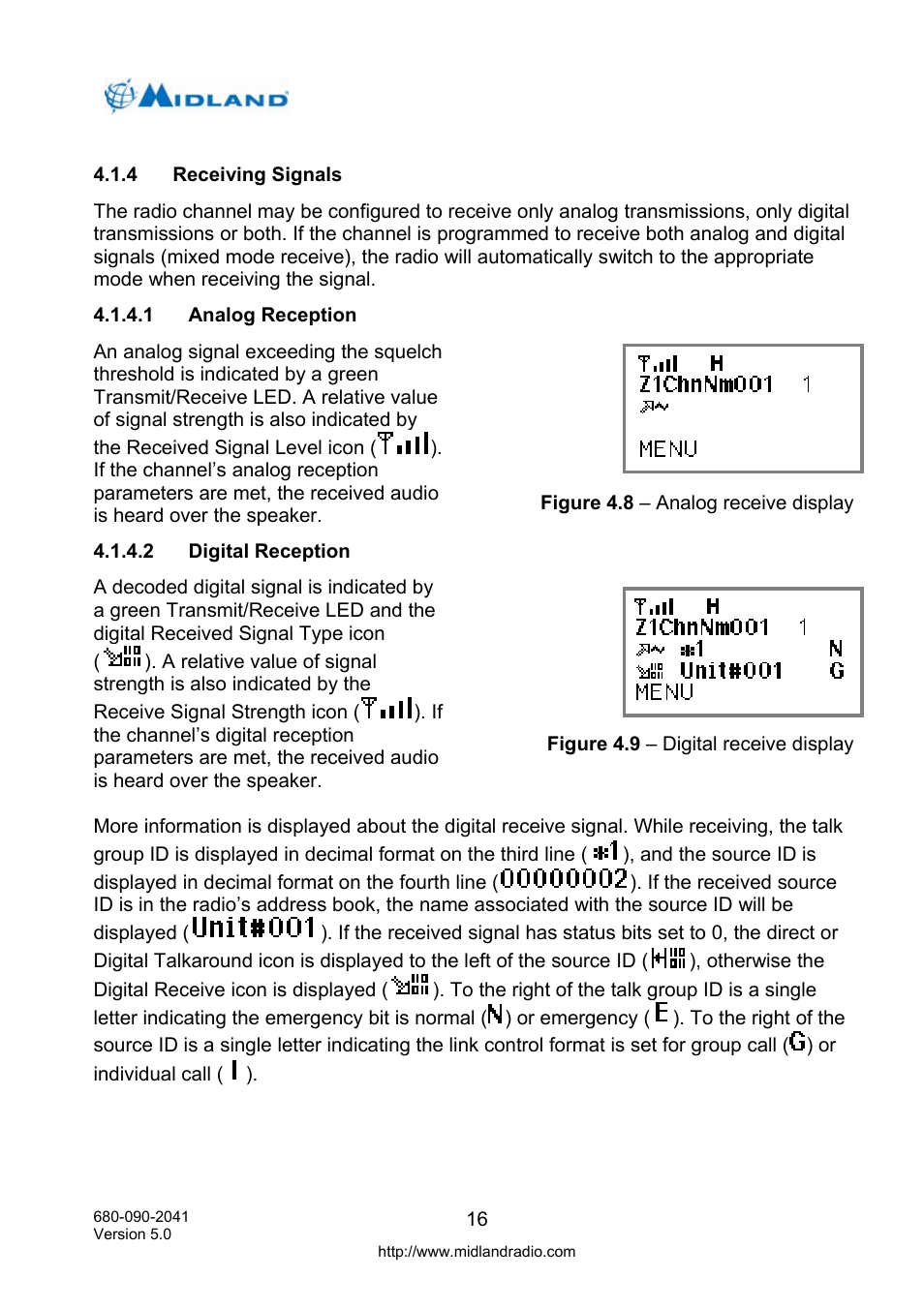 Receiving signals, Analog reception, Digital reception | Midland Radio P25 User Manual | Page 25 / 72