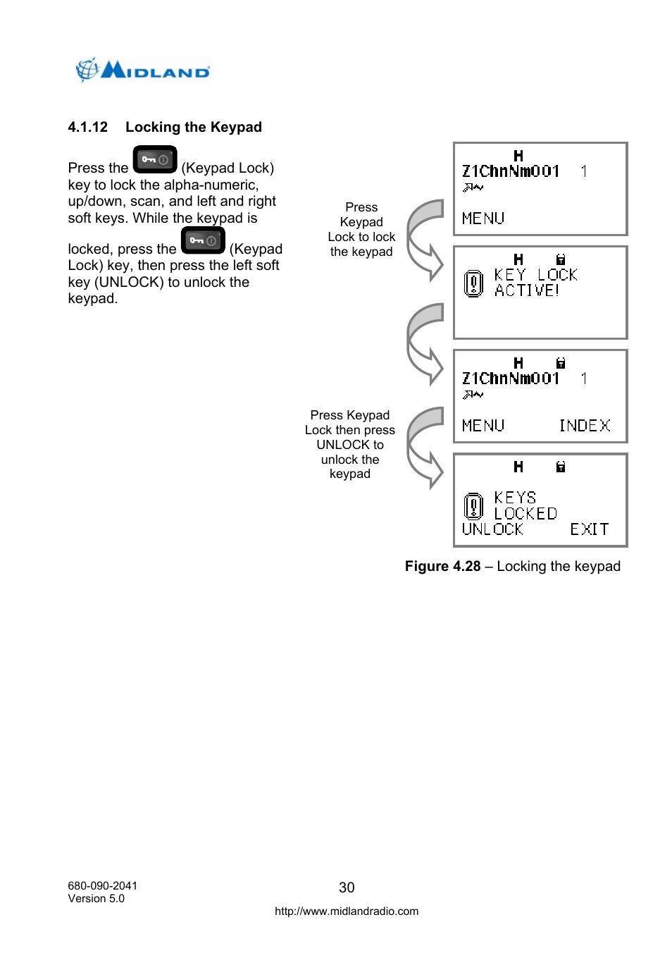 Locking the keypad, Hort press)/emergency reset (long press) key | Midland Radio P25 User Manual | Page 39 / 72