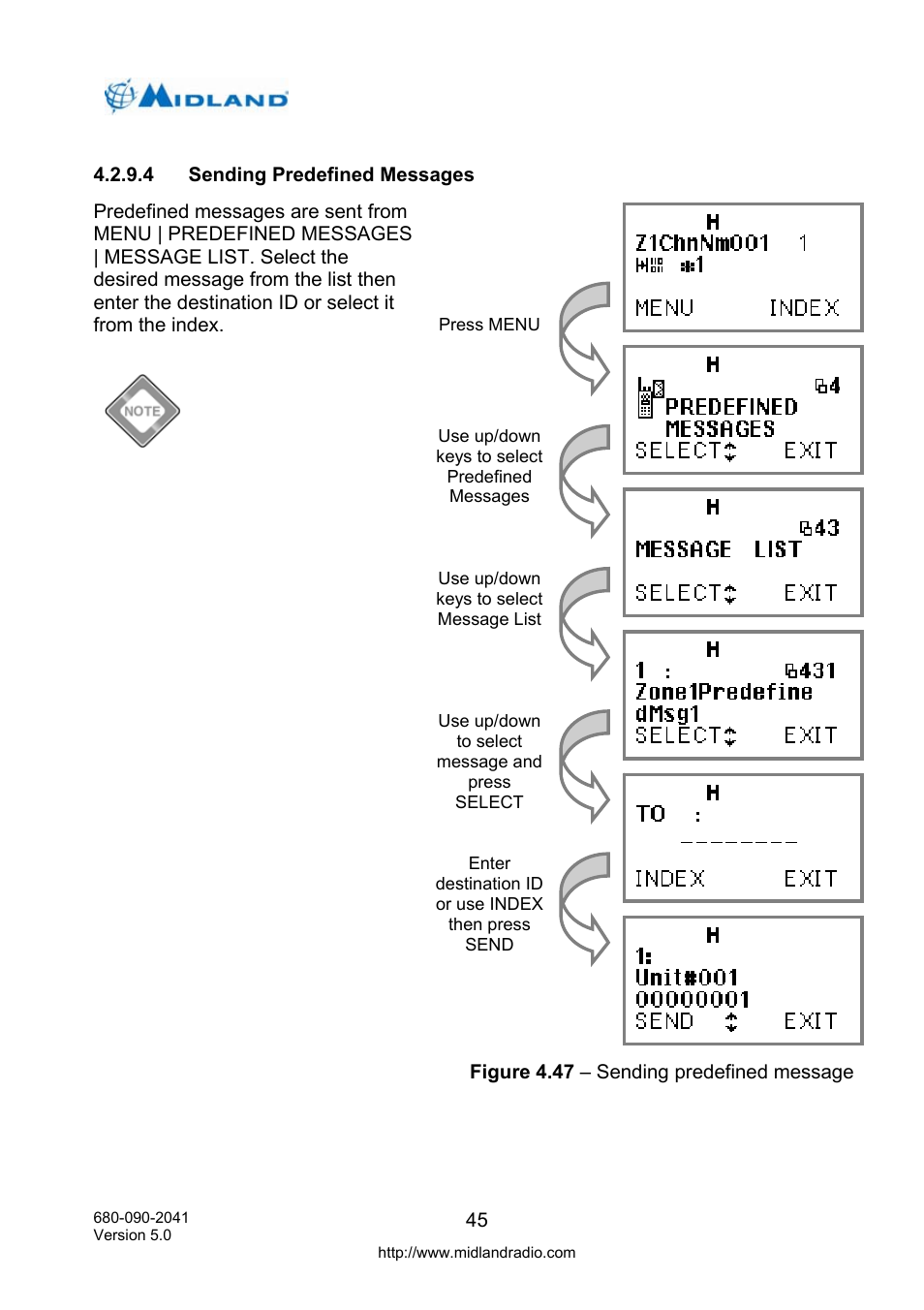 Sending predefined messages | Midland Radio P25 User Manual | Page 54 / 72