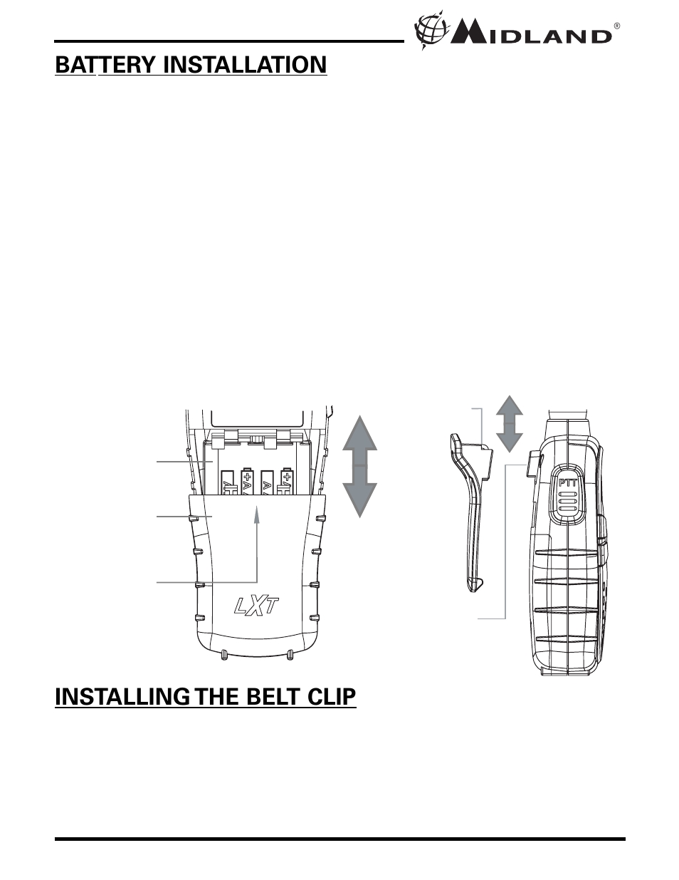 Battery installation, Installing the belt clip | MIDLAND LXT320/420 User Manual | Page 6 / 24