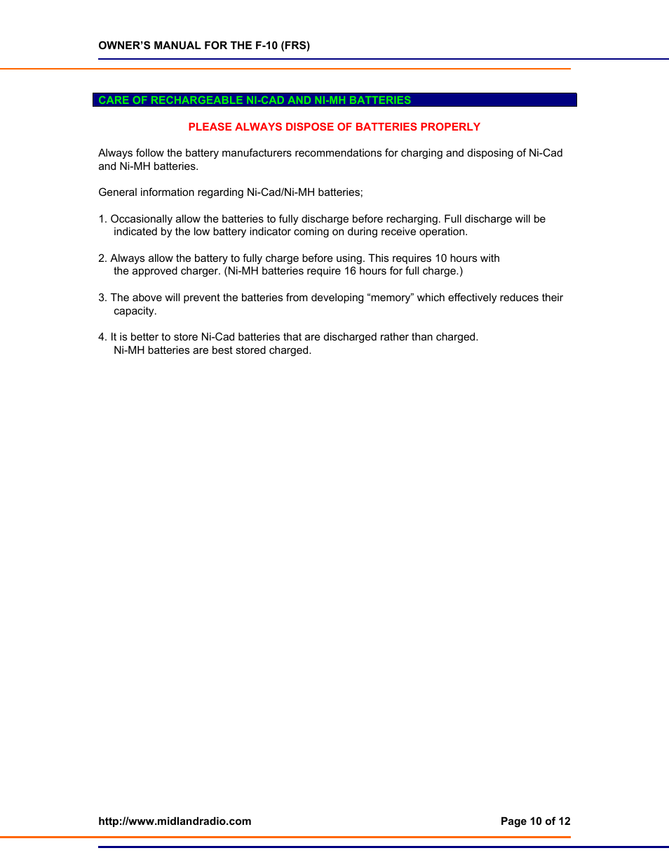 Care of batteries | Midland Radio F-10 User Manual | Page 10 / 12