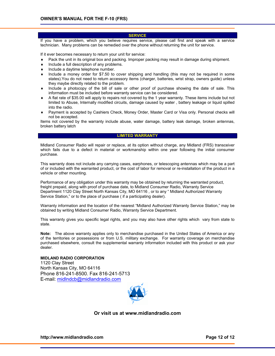 Service, Warranty, Company info | Midland Radio F-10 User Manual | Page 12 / 12