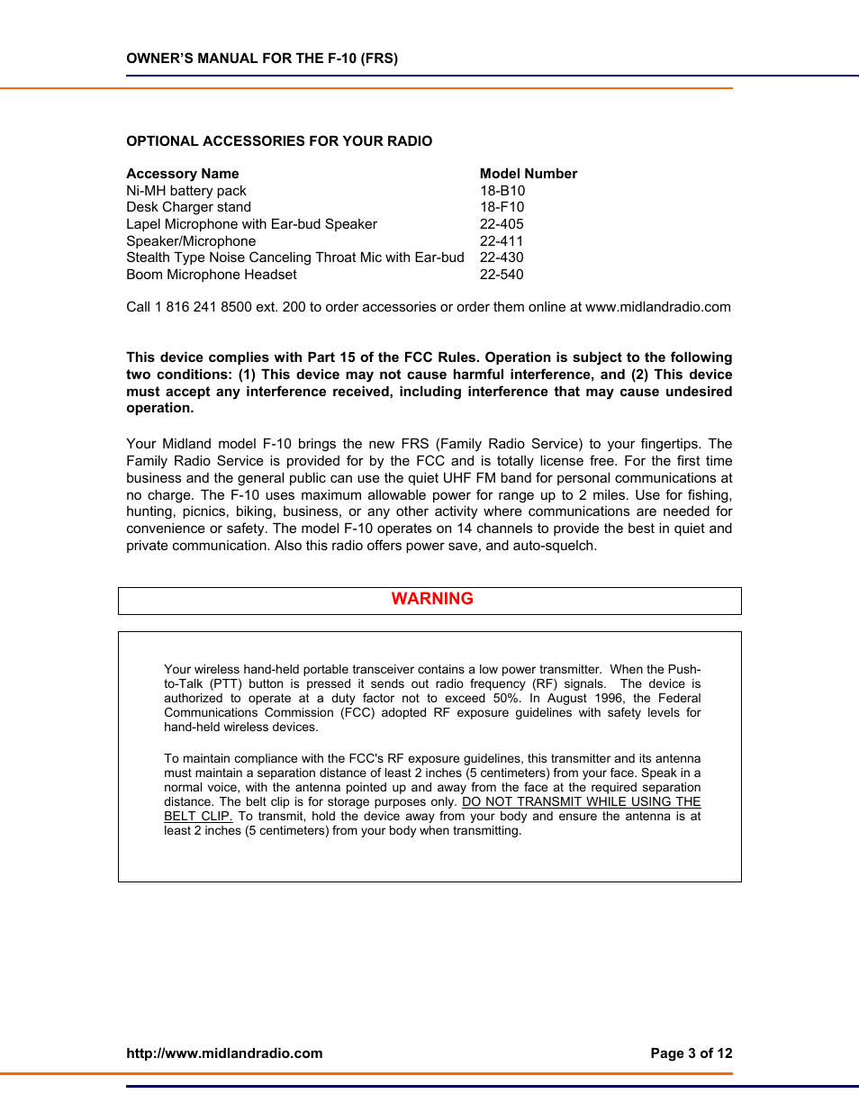 Accessories | Midland Radio F-10 User Manual | Page 3 / 12