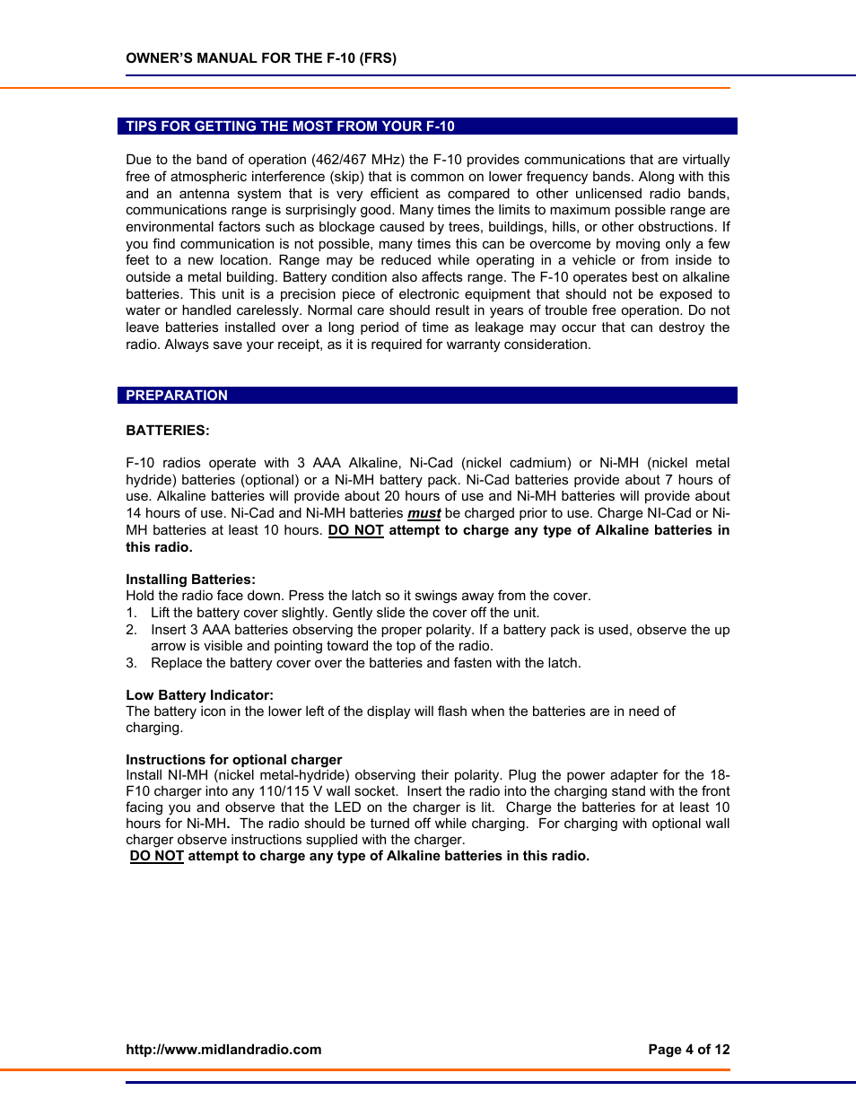 Tips, Preparation, Installing batteries | Low batt. indicator, Instructions for optional charger | Midland Radio F-10 User Manual | Page 4 / 12
