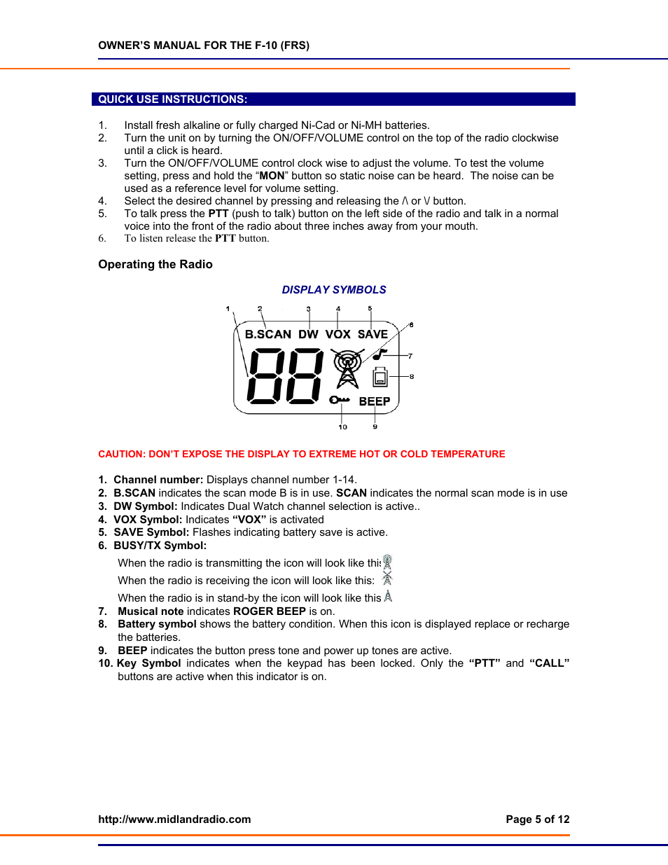 Quick use instructions, Operating the radio | Midland Radio F-10 User Manual | Page 5 / 12
