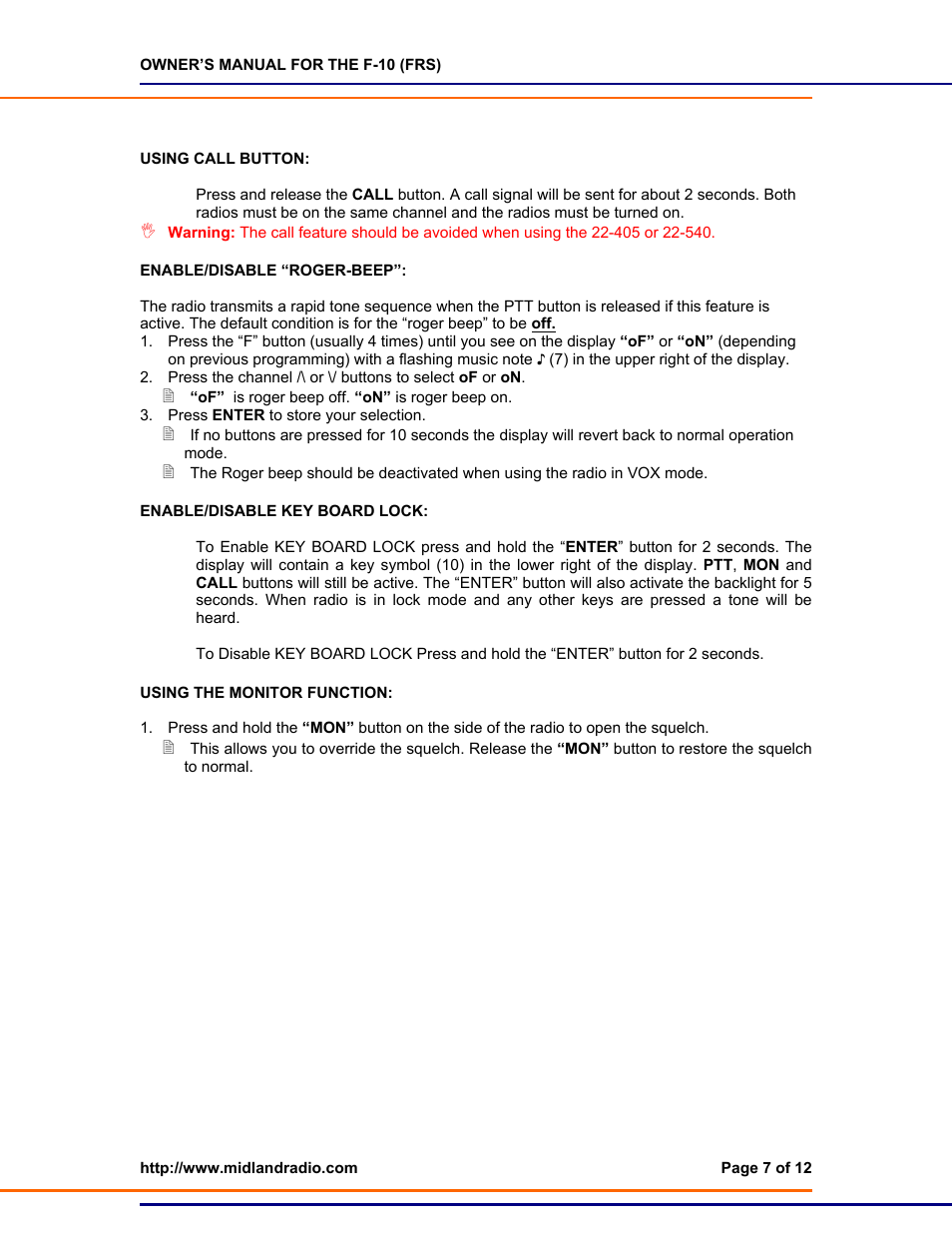 Using call button, Enable/disable "roger-beep, Enable/disable key-board lock | Using the monitor function | Midland Radio F-10 User Manual | Page 7 / 12