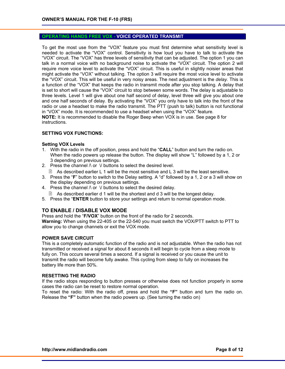 Operating the vox, Setting vox functions, Enable/disable voc mode | Power save circuit, Resetting the radio | Midland Radio F-10 User Manual | Page 8 / 12