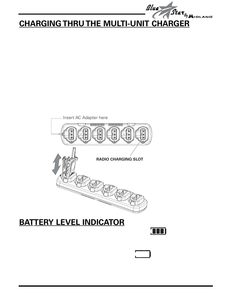 Battery level indicator, Charging thru the multi-unit charger | MIDLAND BR777 User Manual | Page 11 / 30