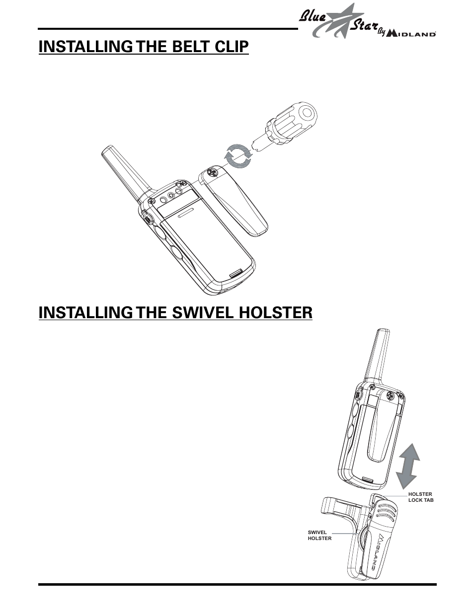 Installing the belt clip, Installing the swivel holster | MIDLAND BR777 User Manual | Page 9 / 30