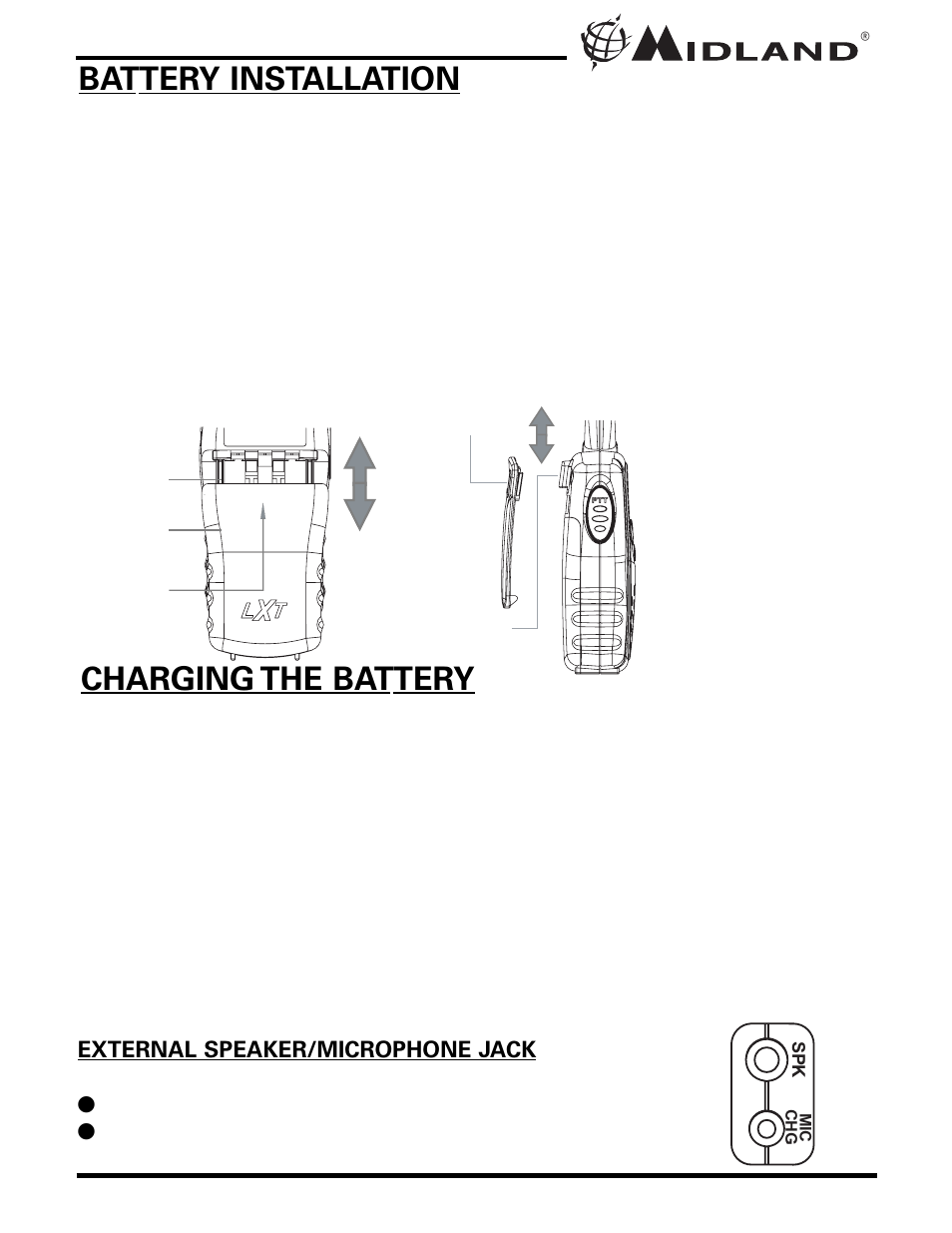 Battery installation, Charging the battery | MIDLAND LXT110/80 User Manual | Page 5 / 12