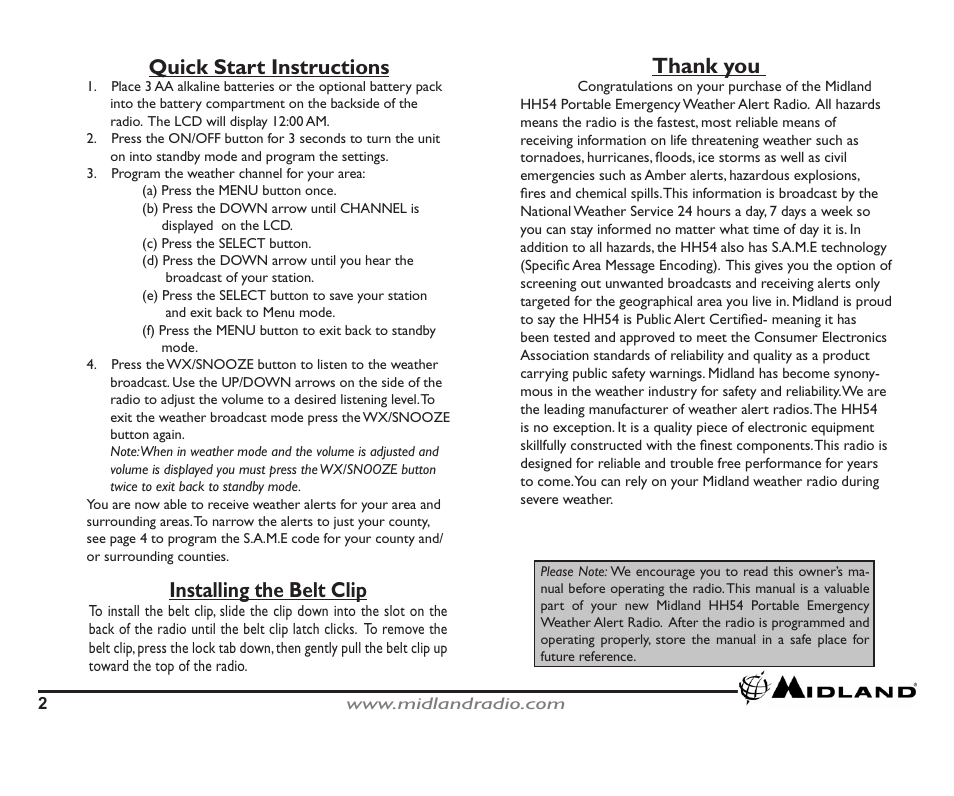 Quick start instructions, Installing the belt clip | MIDLAND HH54 Owner Manual User Manual | Page 2 / 10