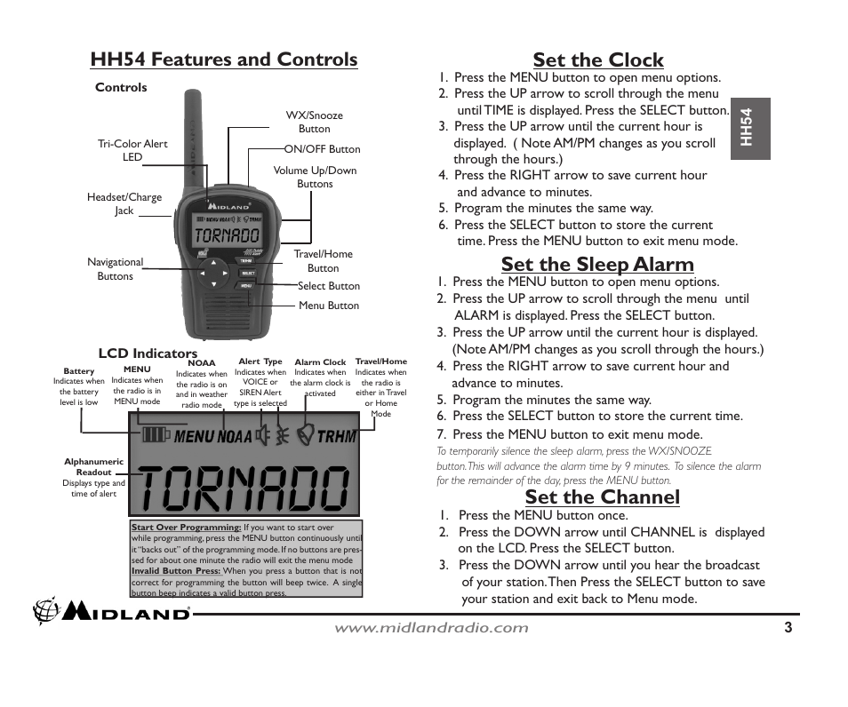 Set the clock, Set the sleep alarm, Set the channel | Hh54 features and controls | MIDLAND HH54 Owner Manual User Manual | Page 3 / 10