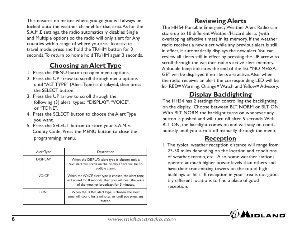 Choosing an alert type, Reviewing alerts display backlighting, Reception | MIDLAND HH54 Owner Manual User Manual | Page 6 / 10