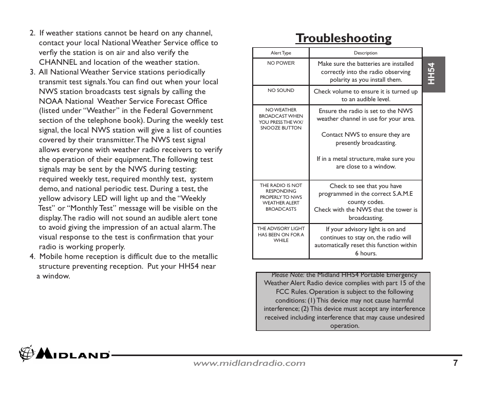 Troubleshooting | MIDLAND HH54 Owner Manual User Manual | Page 7 / 10