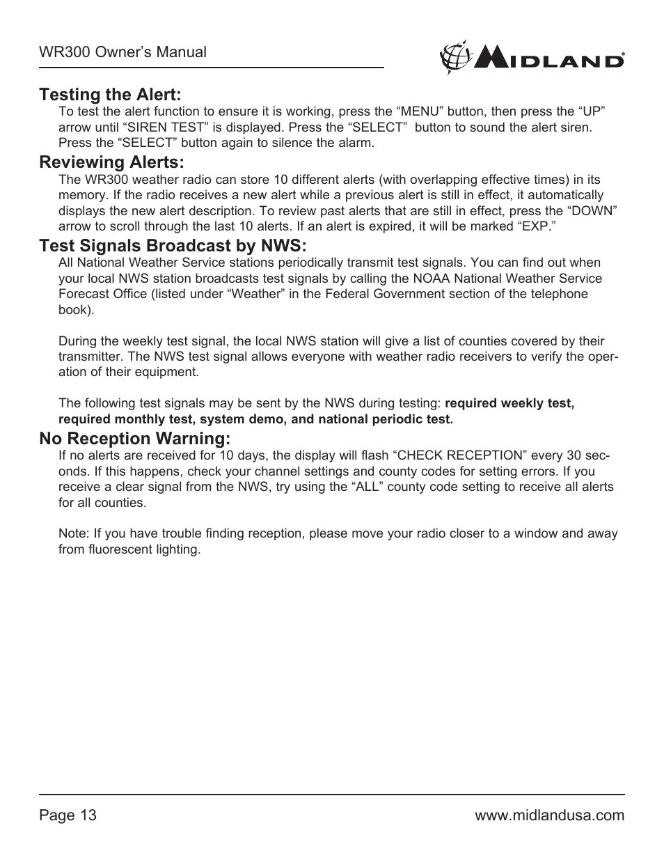 Testing the alert, Reviewing alerts, Test signals broadcast by nws | No reception warning | MIDLAND WR300 User Manual | Page 13 / 24