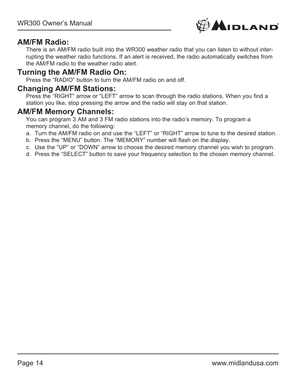 Am/fm radio, Turning the am/fm radio on, Changing am/fm stations | Am/fm memory channels | MIDLAND WR300 User Manual | Page 14 / 24