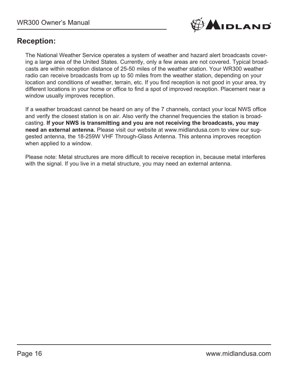 Reception | MIDLAND WR300 User Manual | Page 16 / 24