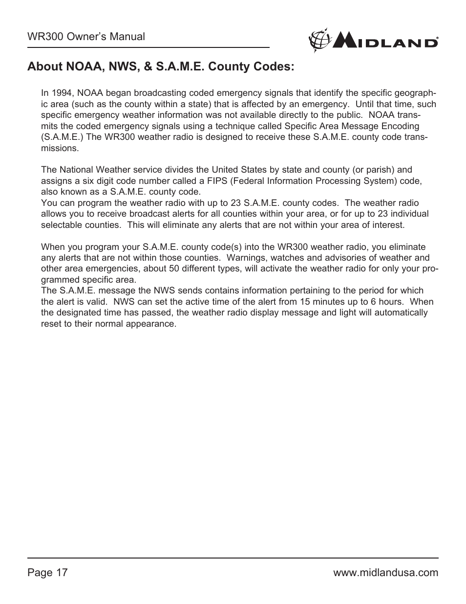 About noaa, nws, & s.a.m.e. county codes | MIDLAND WR300 User Manual | Page 17 / 24