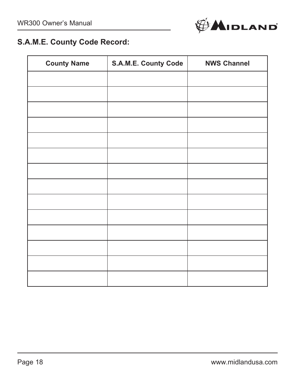 S.a.m.e. county code record | MIDLAND WR300 User Manual | Page 18 / 24