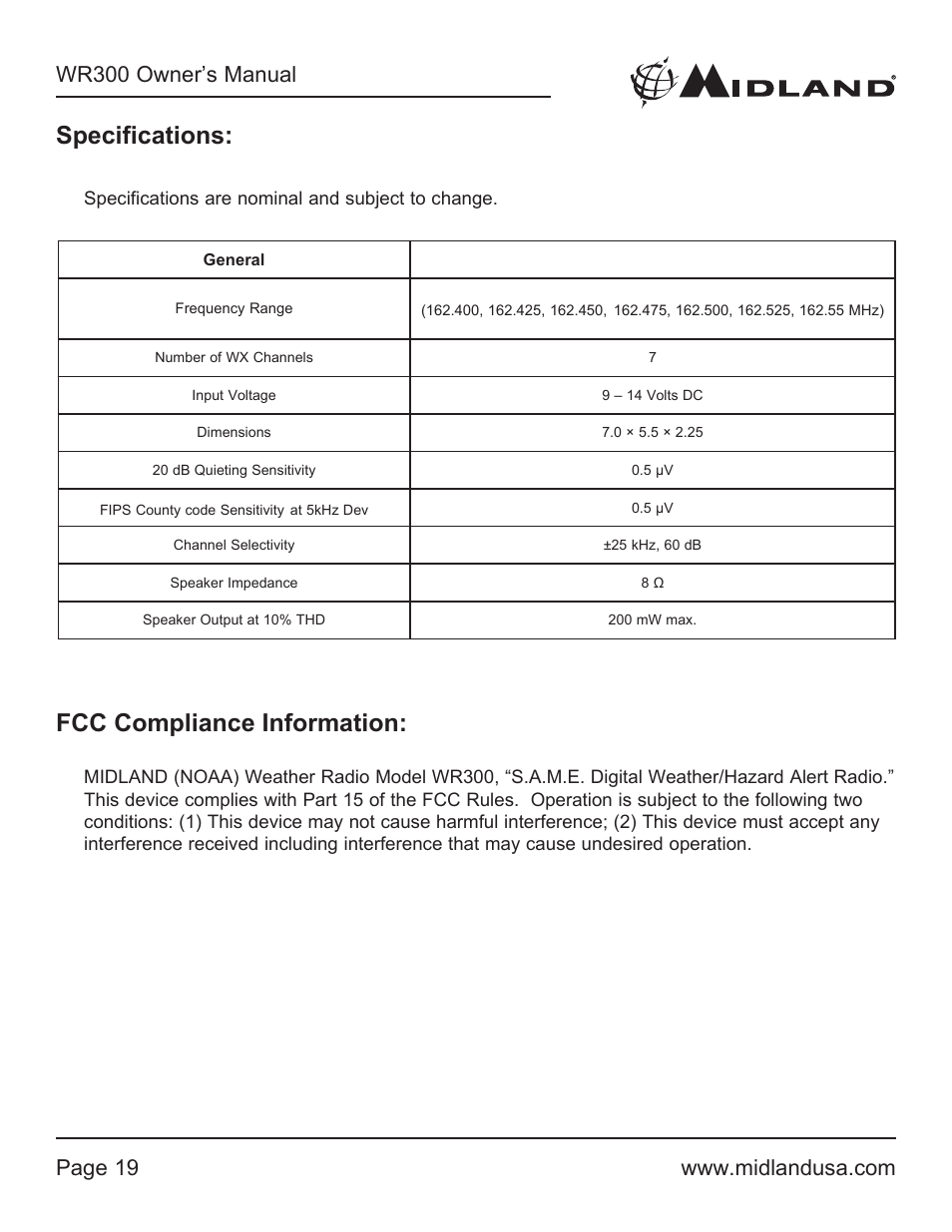 Specifications, Fcc compliance information | MIDLAND WR300 User Manual | Page 19 / 24