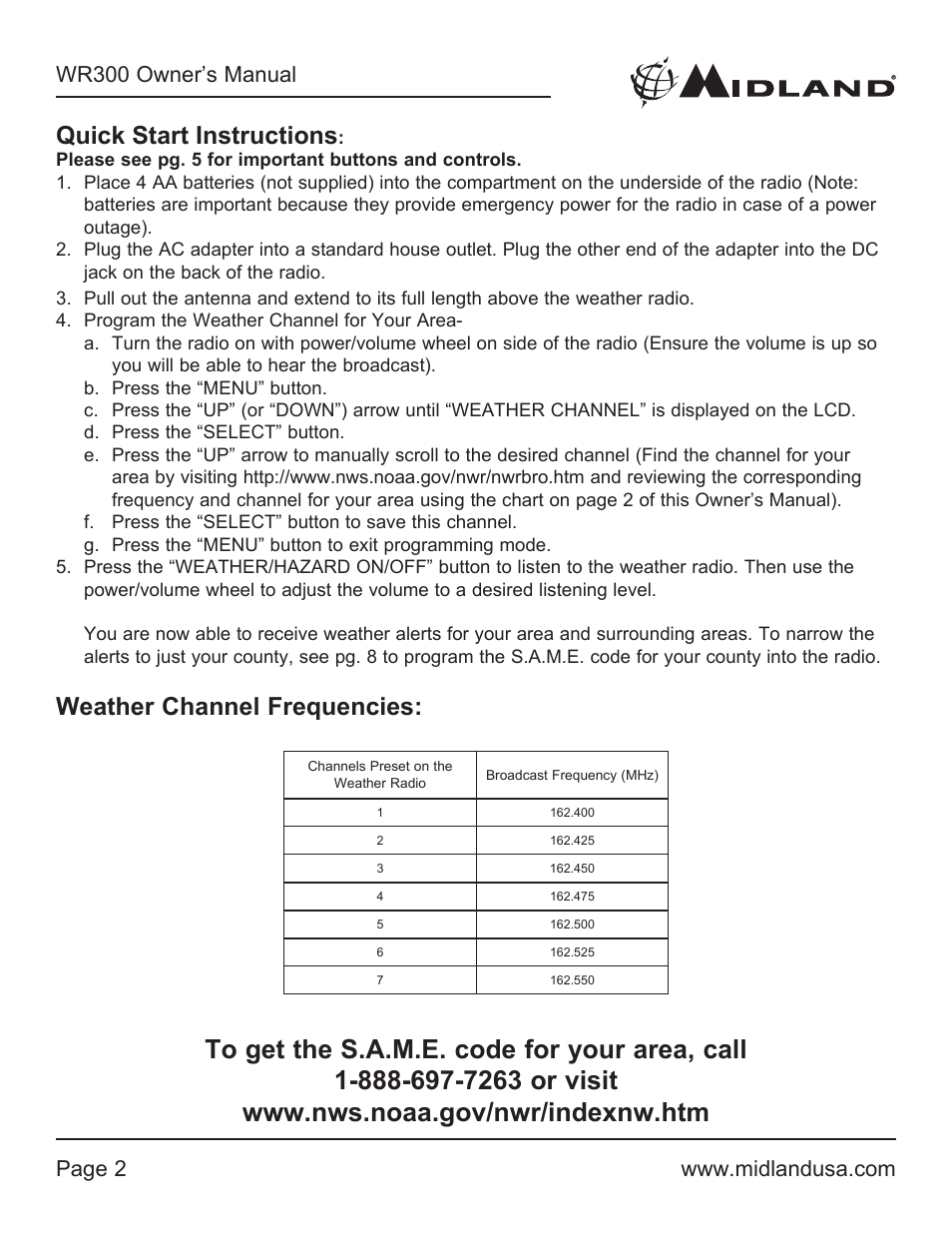 Quick start instructions, Weather channel frequencies | MIDLAND WR300 User Manual | Page 2 / 24