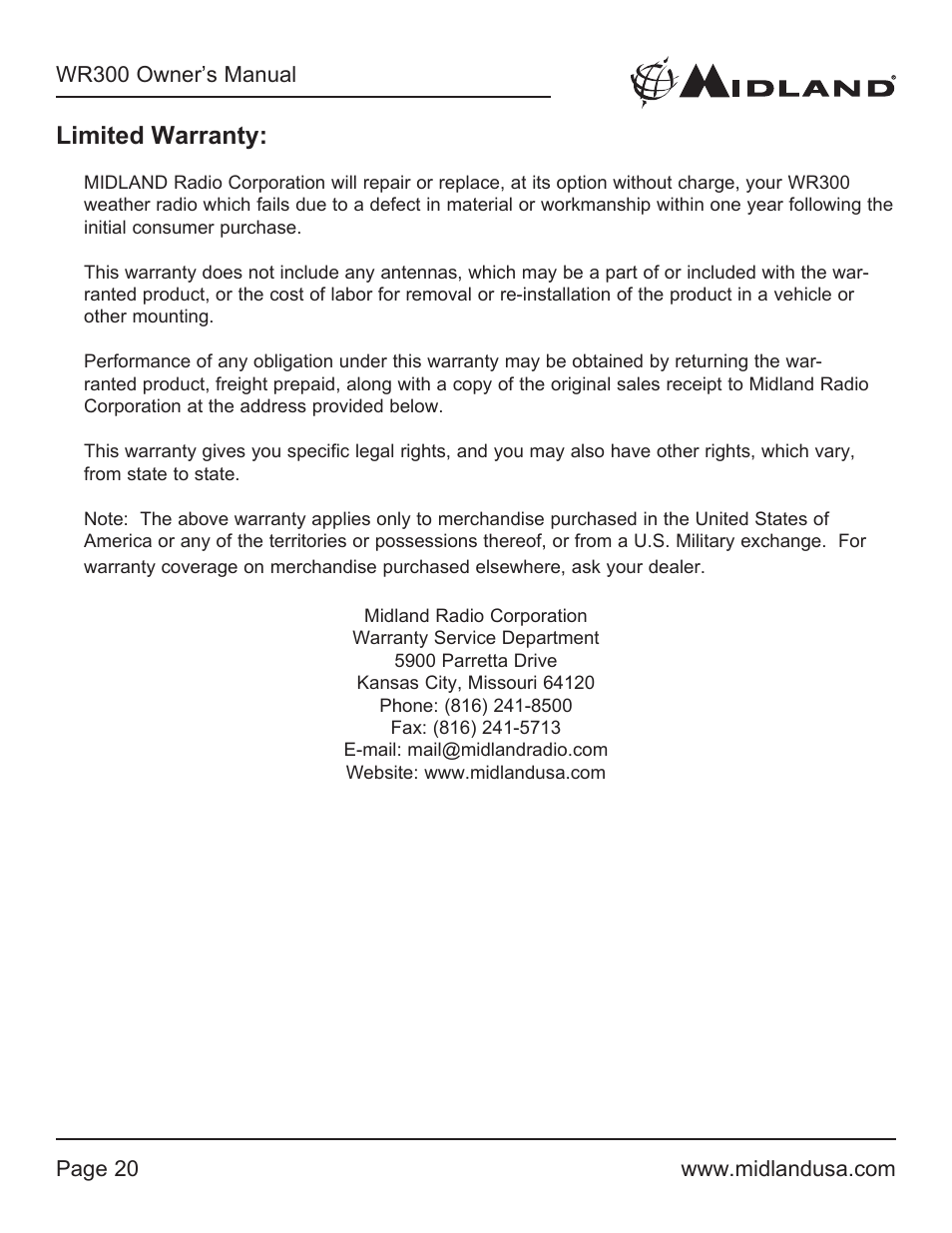 Limited warranty | MIDLAND WR300 User Manual | Page 20 / 24