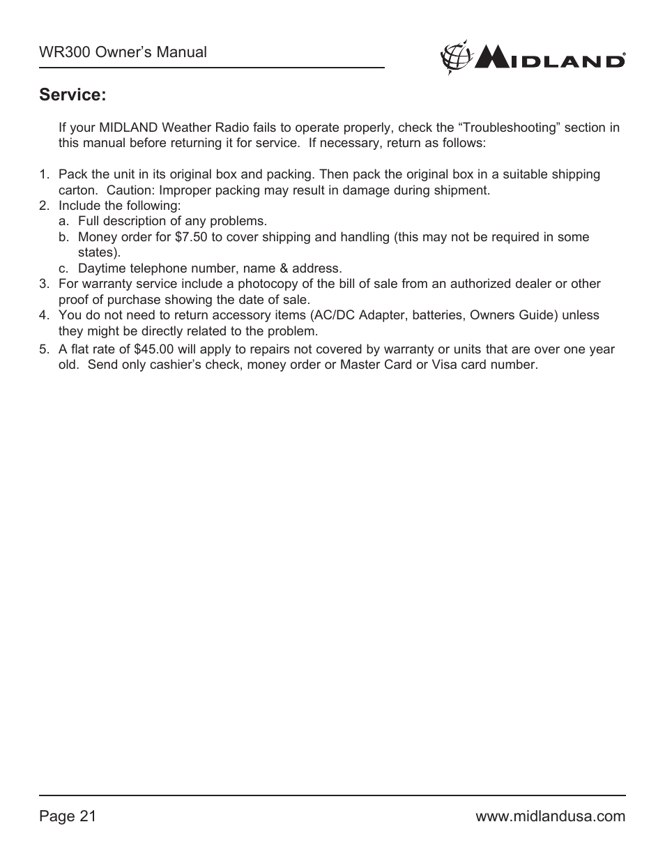 Service | MIDLAND WR300 User Manual | Page 21 / 24