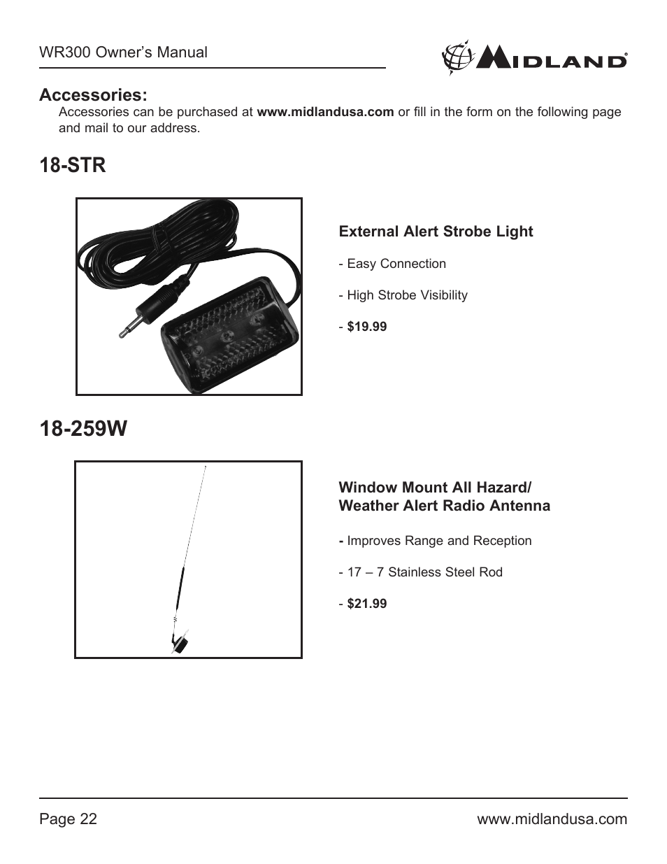Accessories, 259w | MIDLAND WR300 User Manual | Page 22 / 24