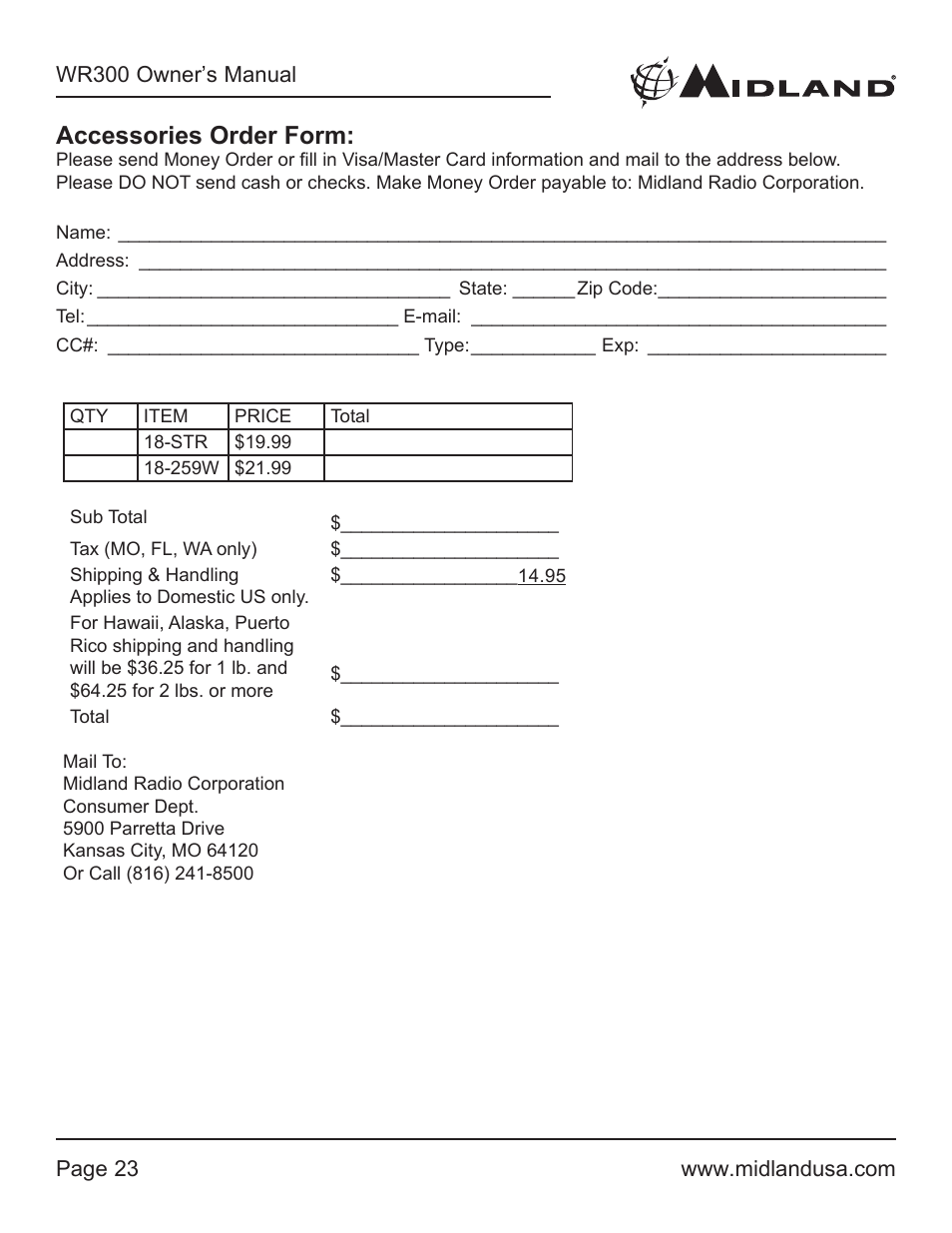Accessories order form | MIDLAND WR300 User Manual | Page 23 / 24