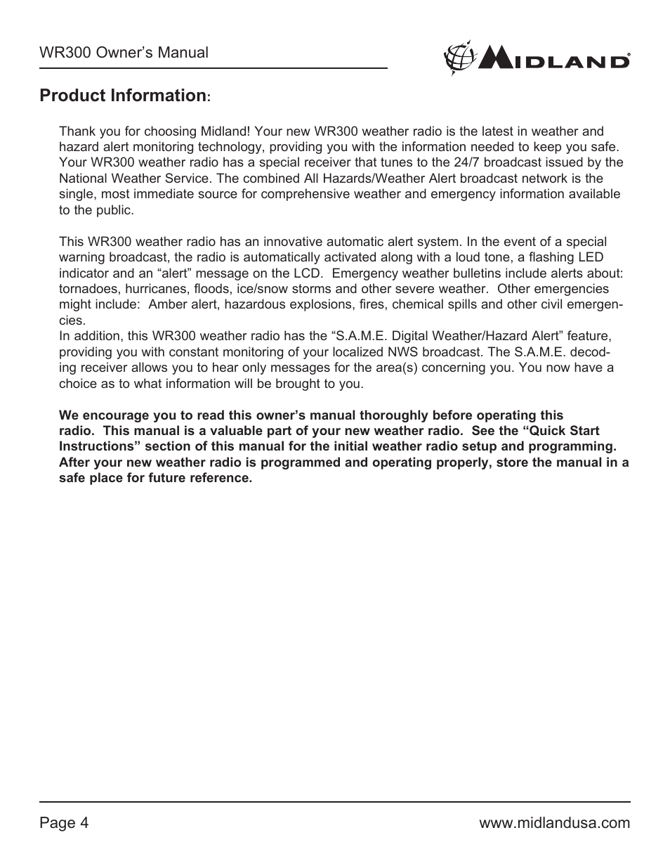 Product information | MIDLAND WR300 User Manual | Page 4 / 24