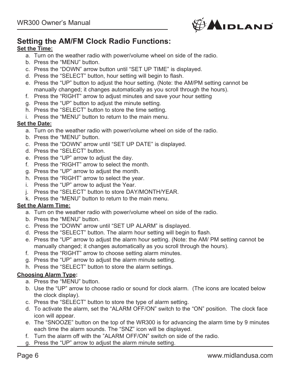 Set the time, Set the date, Set the alarm time | Choosing alarm type, Setting the am/fm clock radio functions | MIDLAND WR300 User Manual | Page 6 / 24